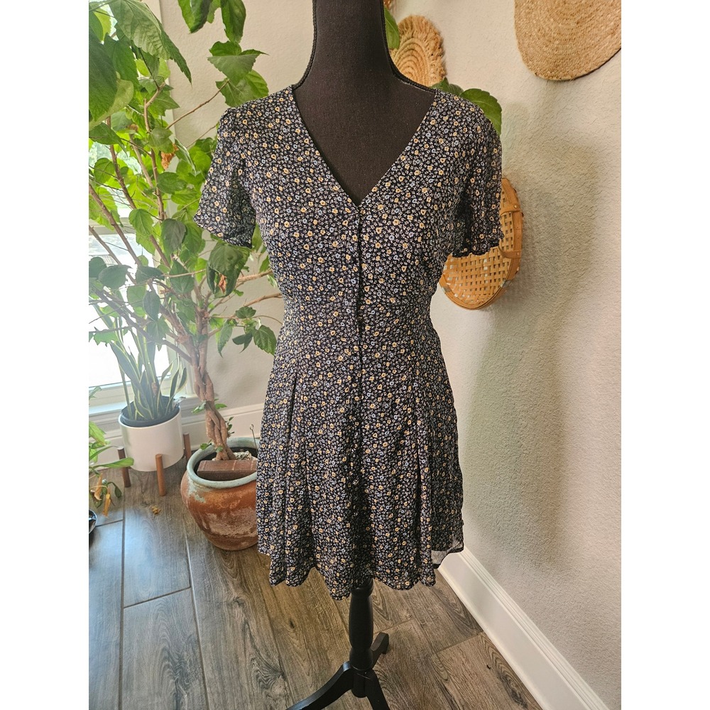Abercrombie & Fitch Navy Ditsy Floral Button Front Mini Dress Smocked Back Small